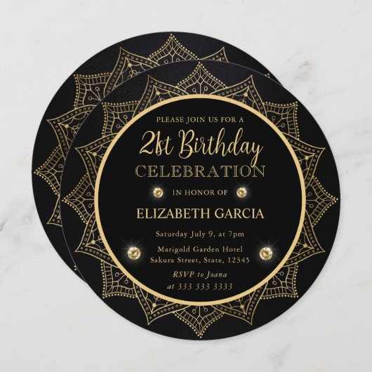 黒エレガントと金ゴールドマンダラ21歳の誕生日 招待状 (正面/裏面)