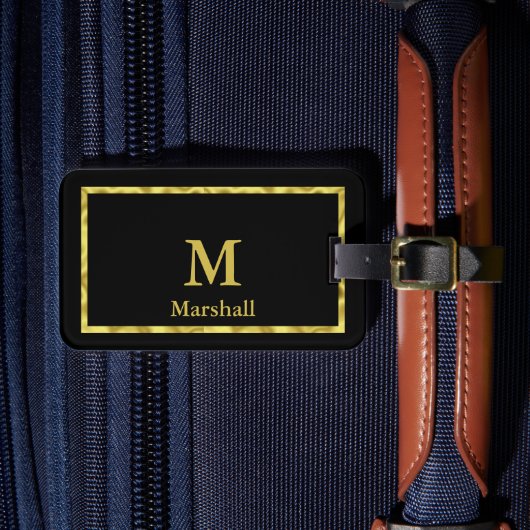 黒エレガントと金ゴールドモノグラムと名前テンプレート ラゲッジタグ (正面インサイチュ4)