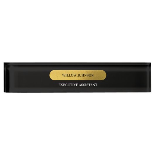 黒エレガントと金ゴールドモノグラムのスクリプモダント デスクネームプレート (正面)