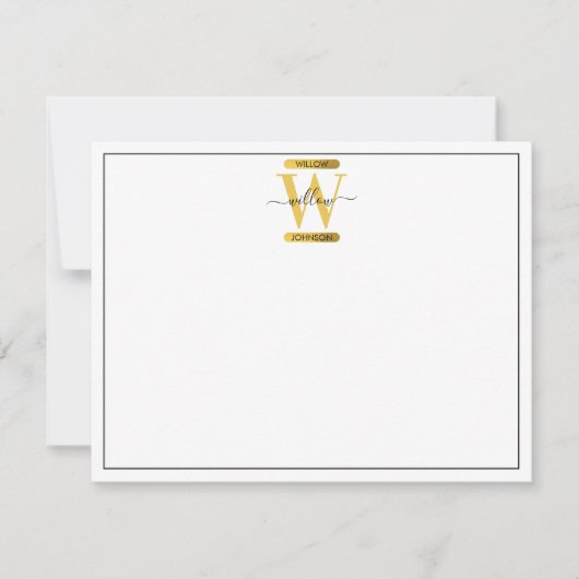 黒エレガントと金ゴールドモノグラムのスクリプモダント ノートカード (正面)