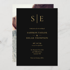 黒エレガントと金ゴールドモノグラムの写真結婚 招待状