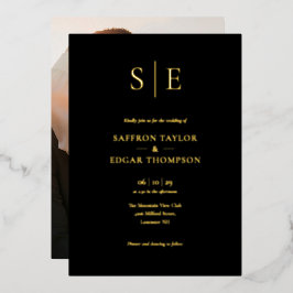 黒エレガントと金ゴールドモノグラムの写真結婚 箔招待状