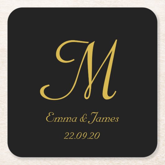 黒エレガントと金ゴールドモノグラムウェディングパーティー スクエアペーパーコースター (正面)
