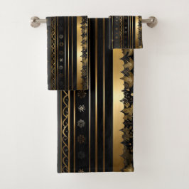 黒エレガントと金ゴールド垂直ストライプの バスタオルセット