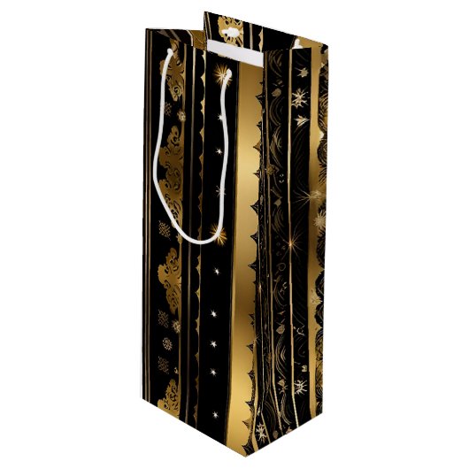 黒エレガントと金ゴールド垂直ストライプの ワインギフトバッグ (正面アングル)