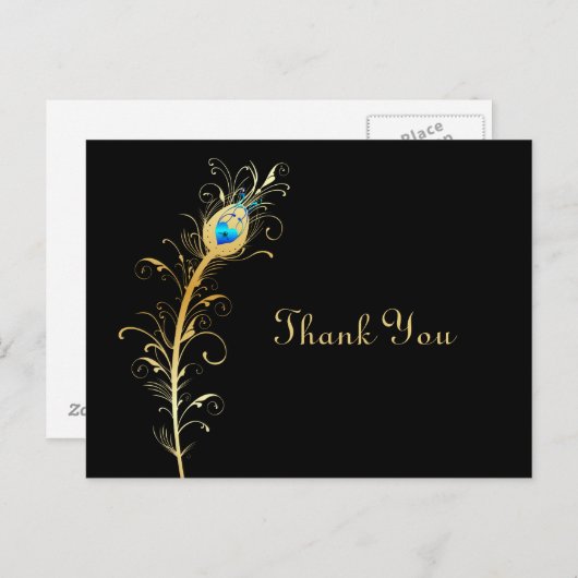 黒エレガントと金ゴールド孔雀フェザーありがとう ポストカード (正面/裏面)