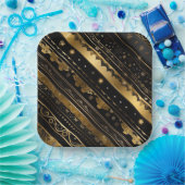 黒エレガントと金ゴールド対角ストライプの ペーパープレート (パーティー)