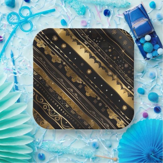 黒エレガントと金ゴールド対角ストライプの ペーパープレート (パーティー)