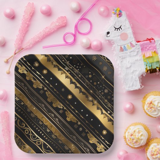 黒エレガントと金ゴールド対角ストライプの ペーパープレート (パーティー)