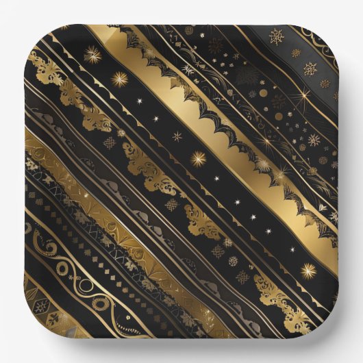 黒エレガントと金ゴールド対角ストライプの ペーパープレート (正面)