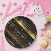 黒エレガントと金ゴールド対角ストライプの ペーパープレート (パーティー)