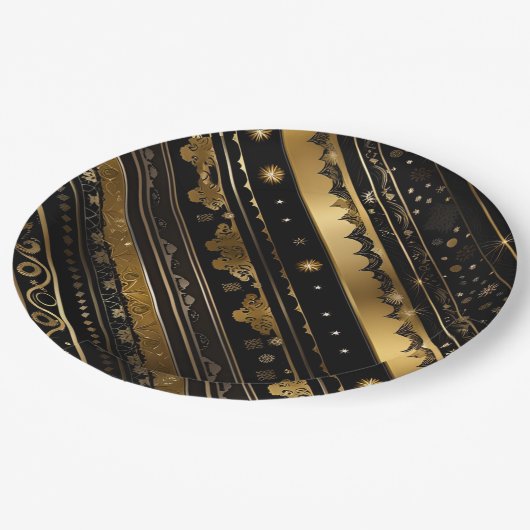 黒エレガントと金ゴールド対角ストライプの ペーパープレート (アングル)