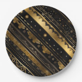 黒エレガントと金ゴールド対角ストライプの ペーパープレート (正面)
