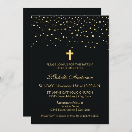 黒エレガントと金ゴールド星《キリスト教》洗礼式や命名式バプテスマ 招待状 (正面/裏面)