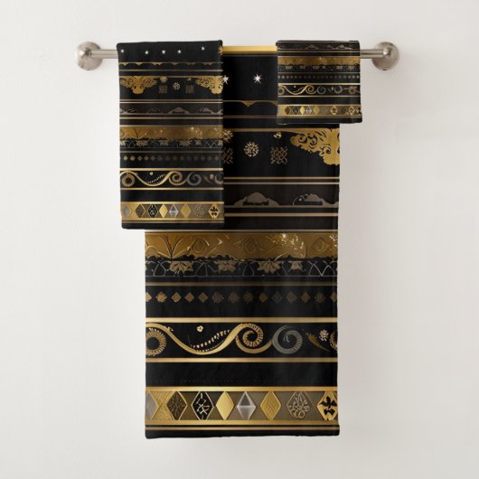 黒エレガントと金ゴールド水平ストライプの バスタオルセット (インサイチュ)