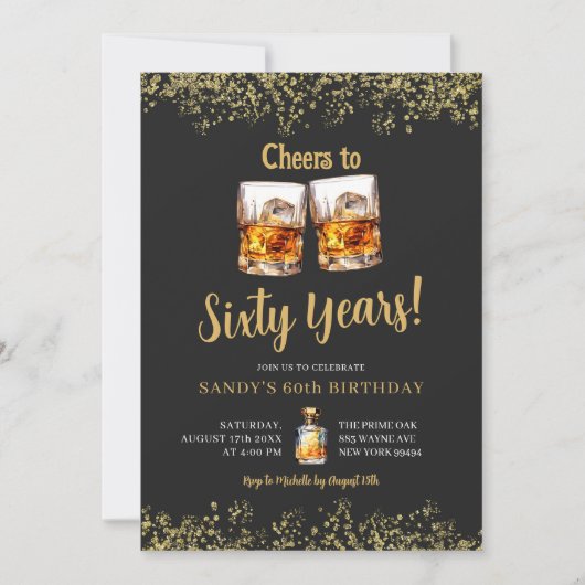 黒エレガントと金ゴールド男性の成人任意の年齢誕生日 招待状 (正面)