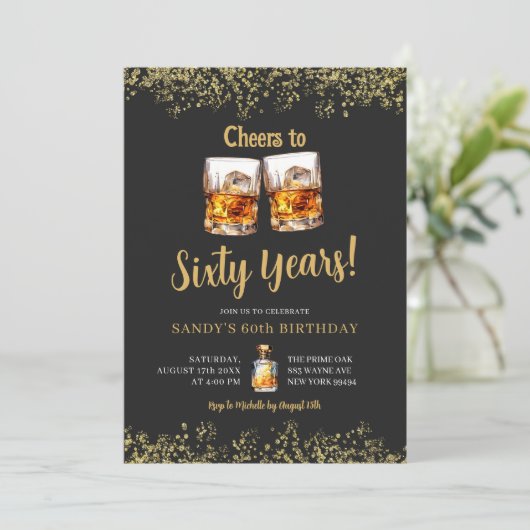 黒エレガントと金ゴールド男性の成人任意の年齢誕生日 招待状 (スタンド正面)