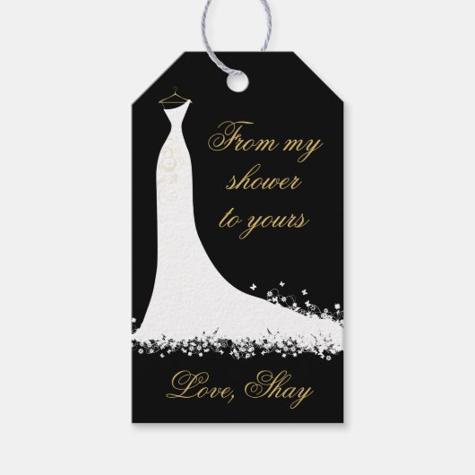黒エレガントと金ゴールド結婚ズガウンブライダルシャワー ギフトタグ (正面)