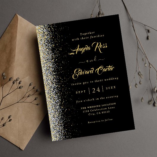 黒エレガントと金ゴールド結婚式招待状 セーブザデート