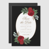 黒エレガントと金ゴールド赤のフローラ保存日付 マグネット招待状 (正面/裏面)