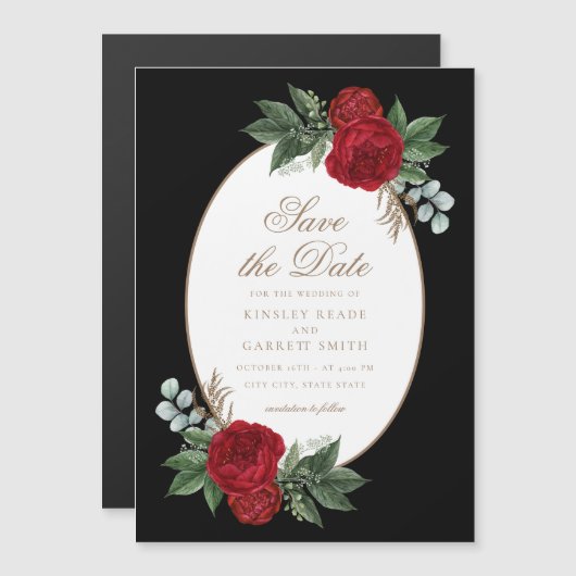 黒エレガントと金ゴールド赤のフローラ保存日付 マグネット招待状 (正面/裏面)