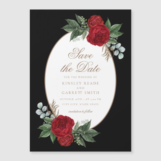 黒エレガントと金ゴールド赤のフローラ保存日付 マグネット招待状 (正面)
