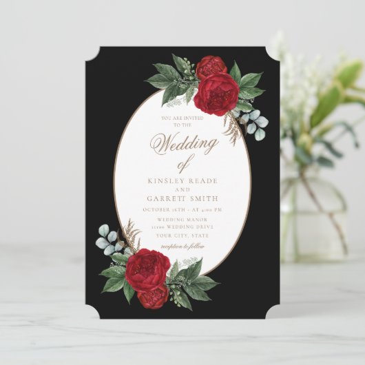 黒エレガントと金ゴールド赤のフローラ結婚 招待状 (スタンド正面)