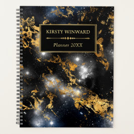 黒エレガントと金ゴールド銀河系マーブルモノグラム プランナー手帳