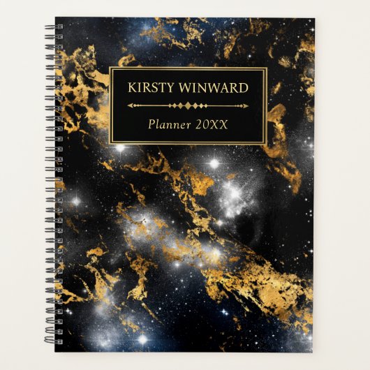黒エレガントと金ゴールド銀河系マーブルモノグラム プランナー手帳 (正面)