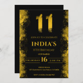 黒エレガントと金ゴールド11th誕生日パーティー 招待状 (正面/裏面)