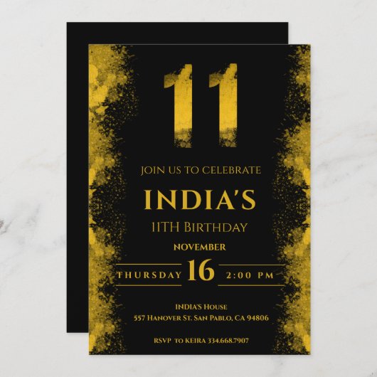 黒エレガントと金ゴールド11th誕生日パーティー 招待状 (正面/裏面)
