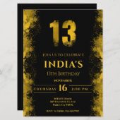 黒エレガントと金ゴールド13歳の誕生日の招待状 招待状 (正面/裏面)