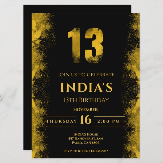 黒エレガントと金ゴールド13歳の誕生日の招待状 招待状 (正面/裏面)