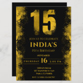 黒エレガントと金ゴールド15th誕生日パーティー 招待状 (正面/裏面)