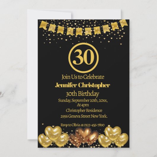 黒エレガントと金ゴールド30歳の誕生日パーティー 招待状 (正面)