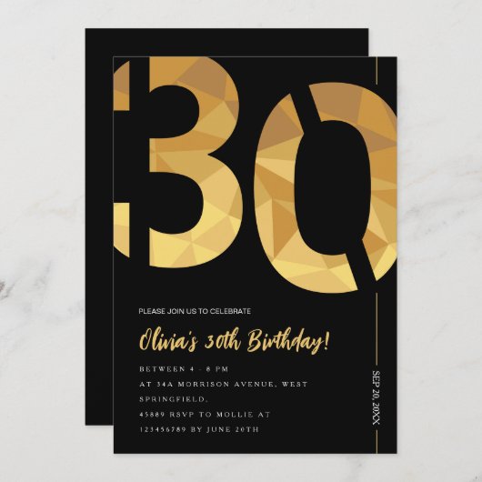 黒エレガントと金ゴールド30歳の誕生日パーティー 招待状 (正面/裏面)