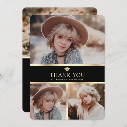 黒エレガントと金ゴールド4写真の卒業 サンキューカード (正面/裏面)