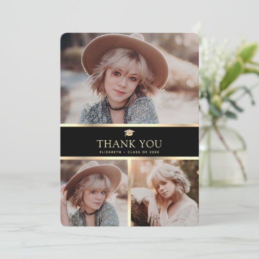黒エレガントと金ゴールド4写真の卒業 サンキューカード (スタンド正面)