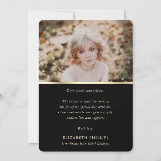 黒エレガントと金ゴールド4写真の卒業 サンキューカード (裏面)