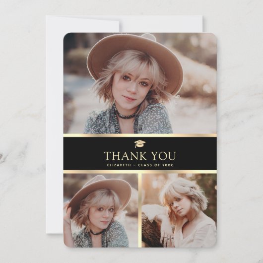 黒エレガントと金ゴールド4写真の卒業 サンキューカード (正面)