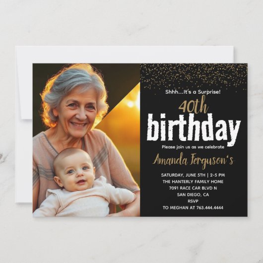 黒エレガントと金ゴールド40th誕生日パーティー写真 招待状 (正面)