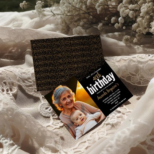 黒エレガントと金ゴールド40th誕生日パーティー写真 招待状