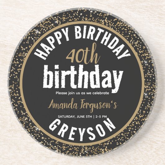 黒エレガントと金ゴールド40th誕生日パーティー コースター (正面)
