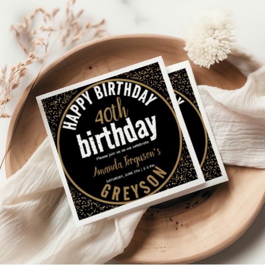 黒エレガントと金ゴールド40th誕生日パーティー スタンダードカクテルナプキン