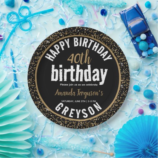 黒エレガントと金ゴールド40th誕生日パーティー ペーパープレート (パーティー)