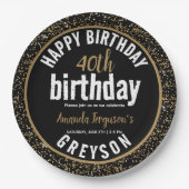 黒エレガントと金ゴールド40th誕生日パーティー ペーパープレート (正面)