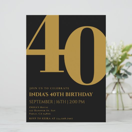 黒エレガントと金ゴールド40th誕生日パーティー 招待状 (スタンド正面)