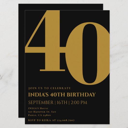 黒エレガントと金ゴールド40th誕生日パーティー 招待状 (正面/裏面)