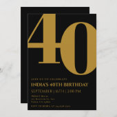 黒エレガントと金ゴールド40th誕生日パーティー 招待状 (正面/裏面)