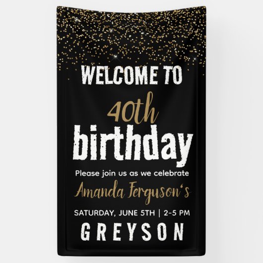 黒エレガントと金ゴールド40th誕生日パーティー 横断幕 (縦)